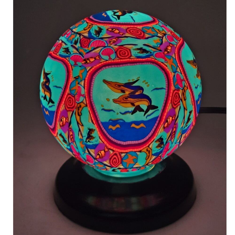 Vtg 90s Hand Painted Round Table Aquarium Light Lamp Indie Hippie Boho Nautical